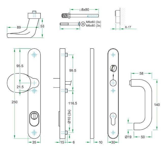 SKG3 PC72 knop/kruk U op ovaal smal schild PRIO + kerntrekbeveiliging RVS