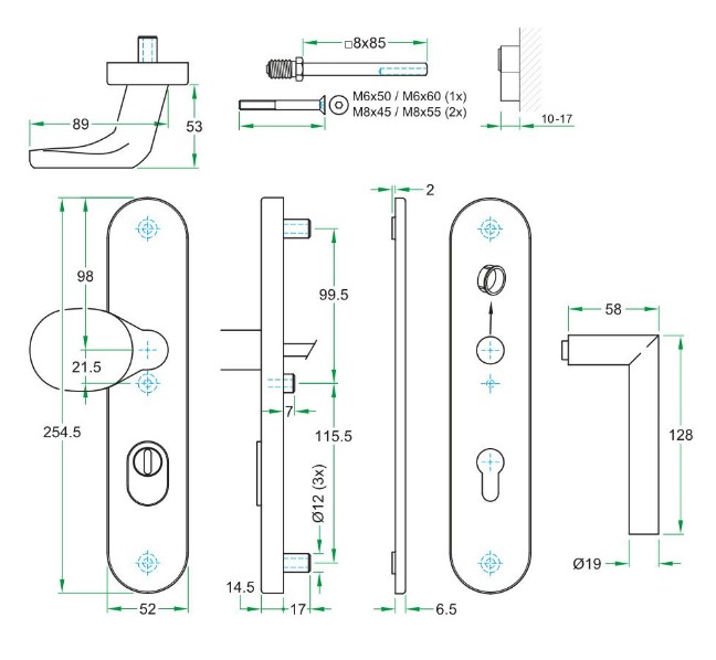 SKG3 PC72 knop/kruk T op ovaal schild TOP + kerntrekbeveiliging RVS