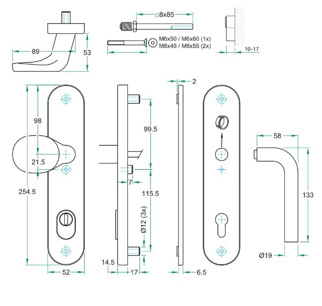 SKG3 PC72 knop/kruk L op ovaal schild TOP + kerntrekbeveiliging RVS