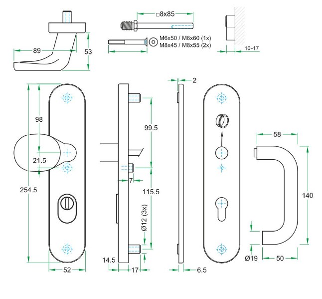 SKG3 PC72 knop/kruk U op ovaal schild TOP + kerntrekbeveiliging RVS