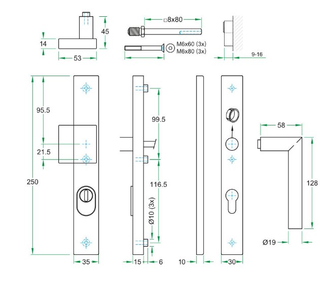 SKG3 PC92 knop/kruk T op rechthoekig smal schild PRIO + kerntrekbeveiliging RVS