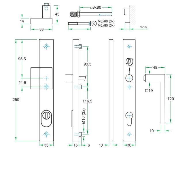 SKG3 PC92 knop/kruk Metro rechts op rechthoekig smal schild PRIO + kerntrekbeveiliging RVS