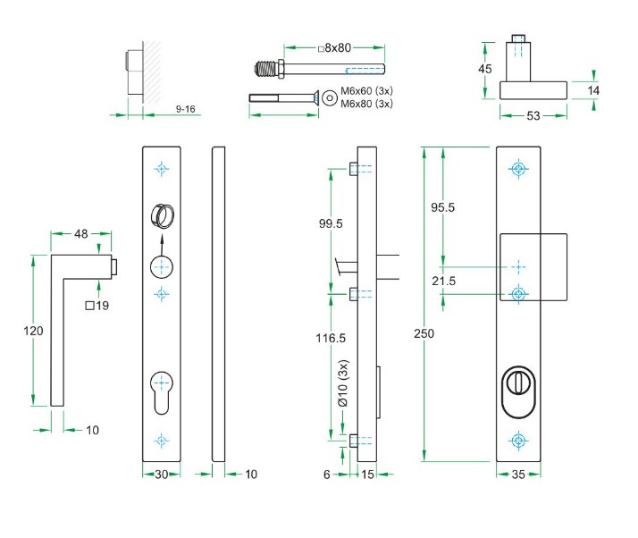 SKG3 PC92 knop/kruk Metro links op rechthoekig smal schild PRIO + kerntrekbeveiliging RVS