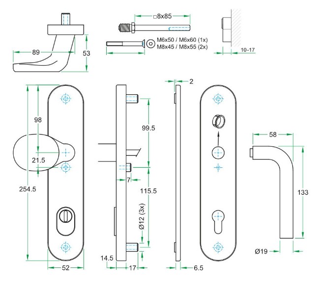 SKG3 PC92 knop/kruk L op ovaal schild TOP + kerntrekbeveiliging zwart