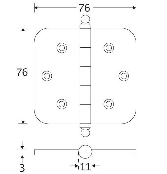 Kogellagerscharnier 76x76 ronde hoek bol messing antiek brons
