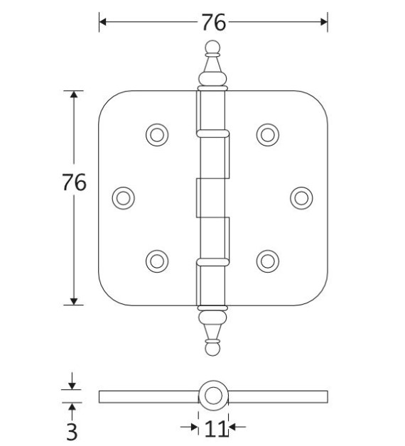 Kogellagerscharnier 76x76 ronde hoek vaas messing antiek brons