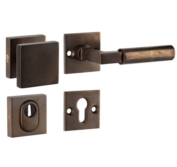 SKG3 knop/kruk op rozet Bauhaus Rechts + kerntrekbeveiliging messing antiek brons