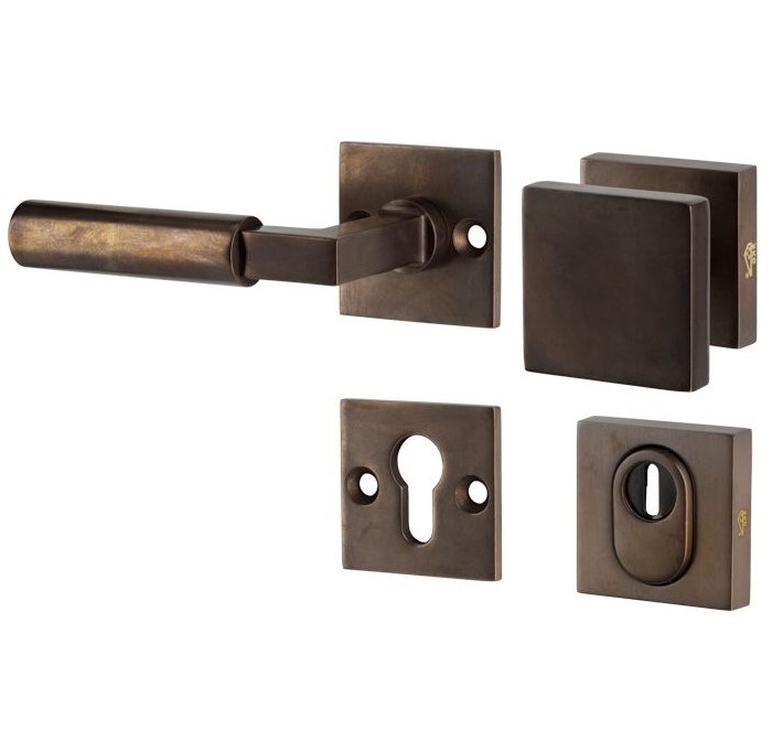 SKG3 knop/kruk op rozet Bauhaus Links + kerntrekbeveiliging messing antiek brons