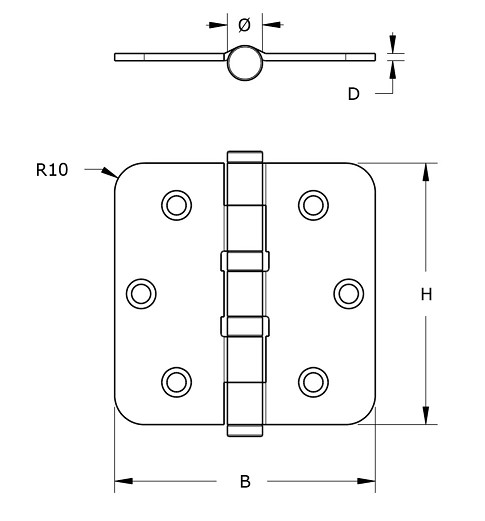 Kogellagerscharnier 76x76 mm Ronde Hoek RVS Zwart Gelakt