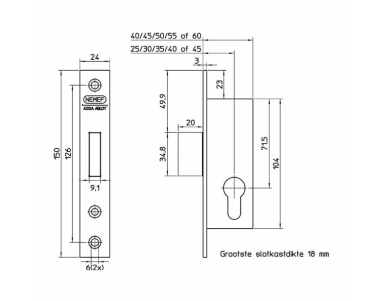 Nemef smalslot 9643/07-35 PC rechthoekige rvs voorplaat