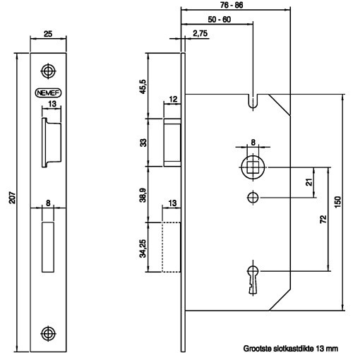Klavierslot Nemef DIN rechts 66/2 doornmaat 60 SL72 mm