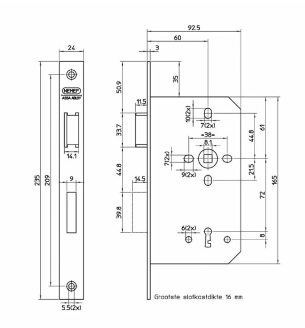 Klavierslot Nemef DIN links 666/4 doornmaat 60 SL72 mm