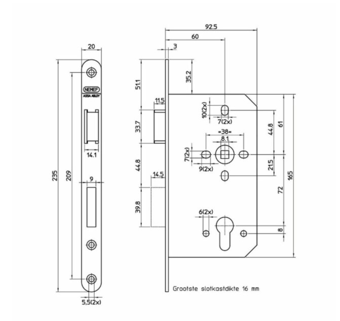 Nemef insteekslot 649 DIN links PC72 met afgeronde rvs voorplaat