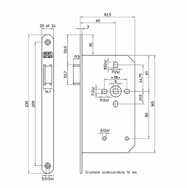 Nemef loopslot 635 DIN links met afgeronde voorplaat rvs