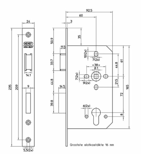 Nemef cilinder insteekslot 669 DIN rechts PC72 met rechthoekige witte voorplaat