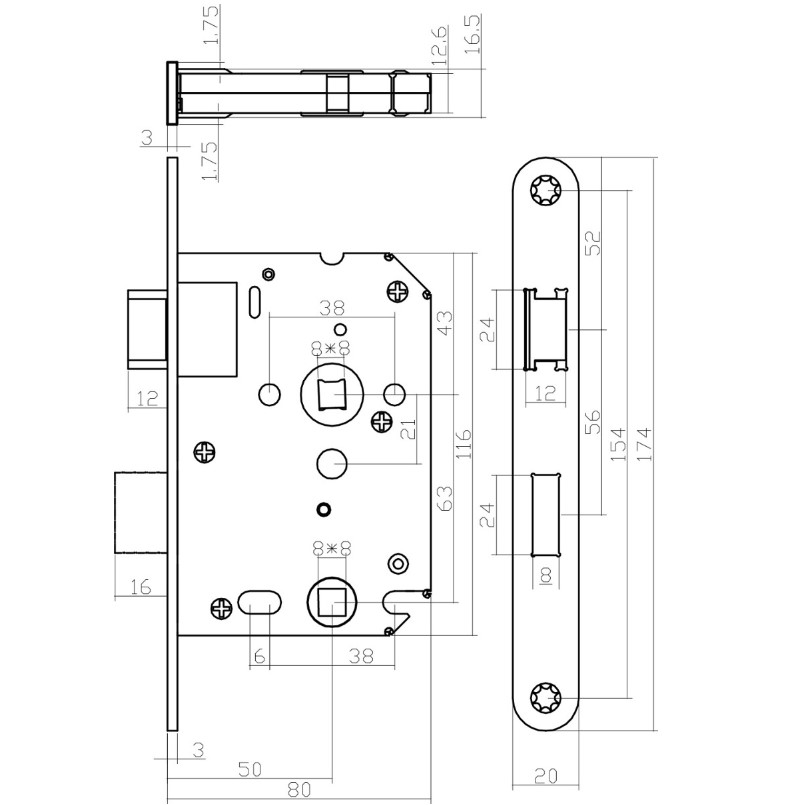Intersteel deurbeslag set WC-slot 63/8 mm wit + Deurkruk Bau-Stil en WC-sluiting PVD messingkleur