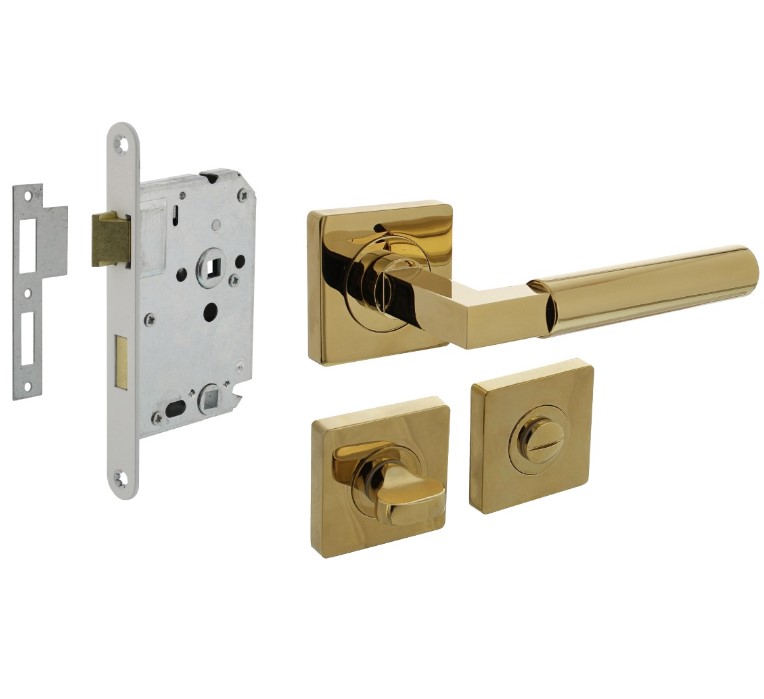 Intersteel deurbeslag set WC-slot 63/8 mm wit + Deurkruk Bau-Stil en WC-sluiting PVD messingkleur