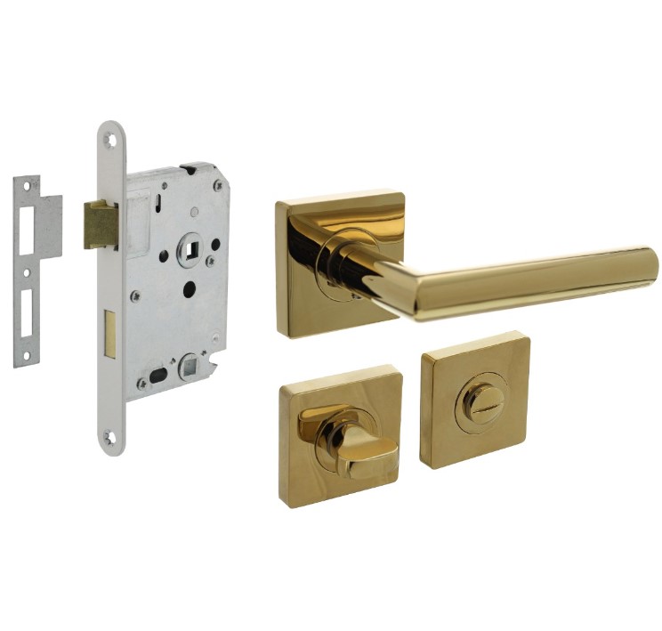 Intersteel deurbeslag set WC-slot 63/8 mm wit + Deurkruk Bastian en WC-sluiting PVD messingkleur