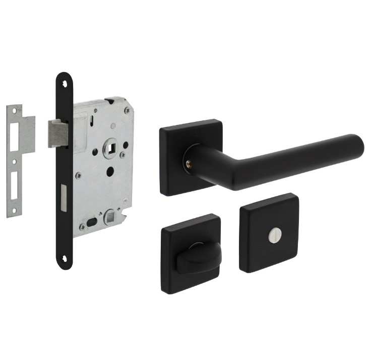 Intersteel deurbeslag set WC-slot 63/8 mm zwart + Deurkruk Broome en WC-sluiting zwart