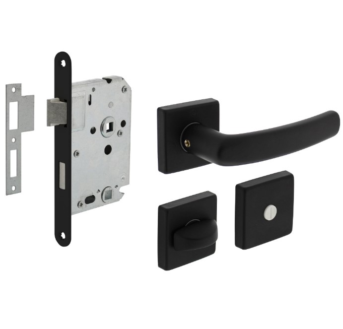 Intersteel deurbeslag set WC-slot 638 mm zwart + Deurkruk Denham en WC-sluiting zwart