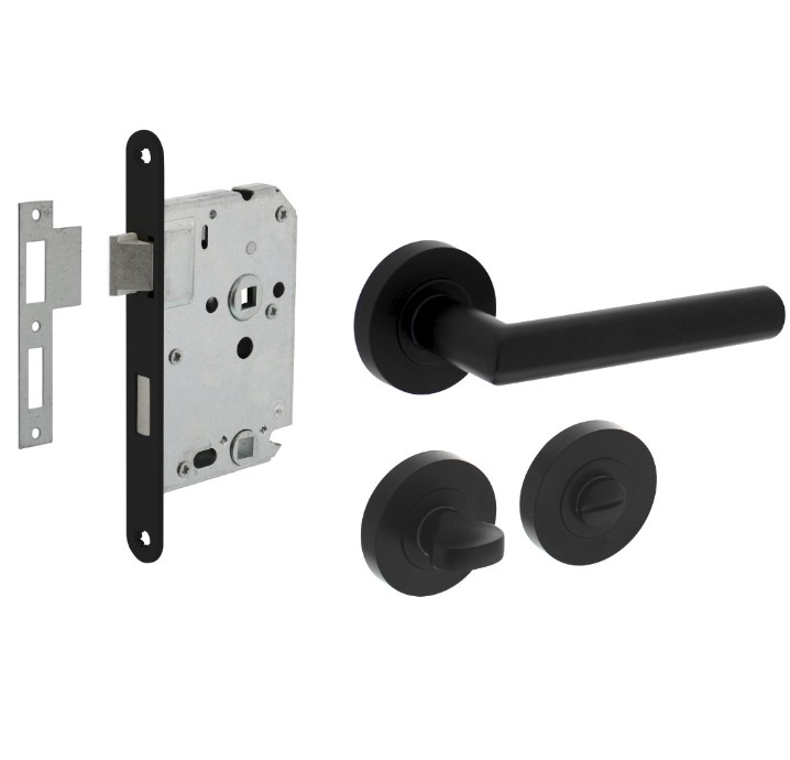 Intersteel deurbeslag set WC-slot 638 mm zwart + Deurkruk Bastian en WC-sluiting zwart