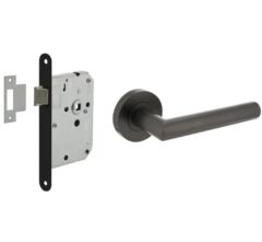Intersteel deurbeslag set loopslot zwart + Deurkruk Bastian met rond rozet antraciet grijs