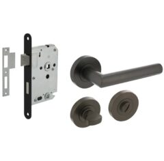 Intersteel deurbeslag set WC-slot 638 mm zwart + Deurkruk Bastian rond en WC-sluiting antraciet grijs