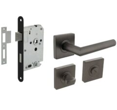Intersteel deurbeslag set WC-slot 63/8 mm zwart + Deurkruk Bastian vierkant en WC-sluiting antraciet grijs