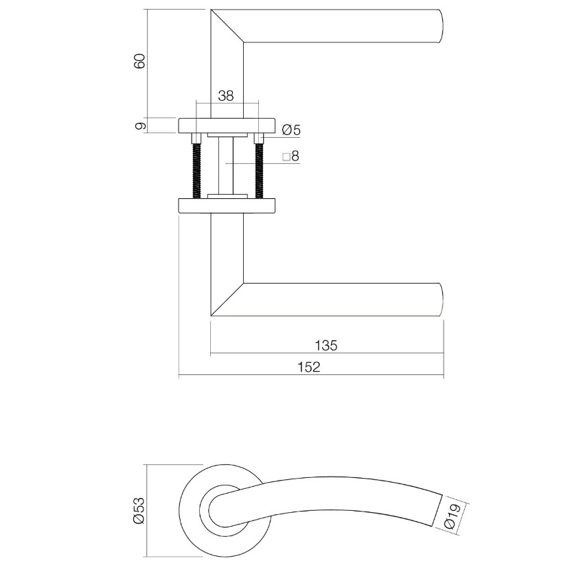 Intersteel deurbeslag set WC-slot 63/8 mm wit + Deurkruk Lisa 90° en WC-sluiting RVS