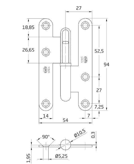 Paumellescharnier 95 x 52 mm links zwart