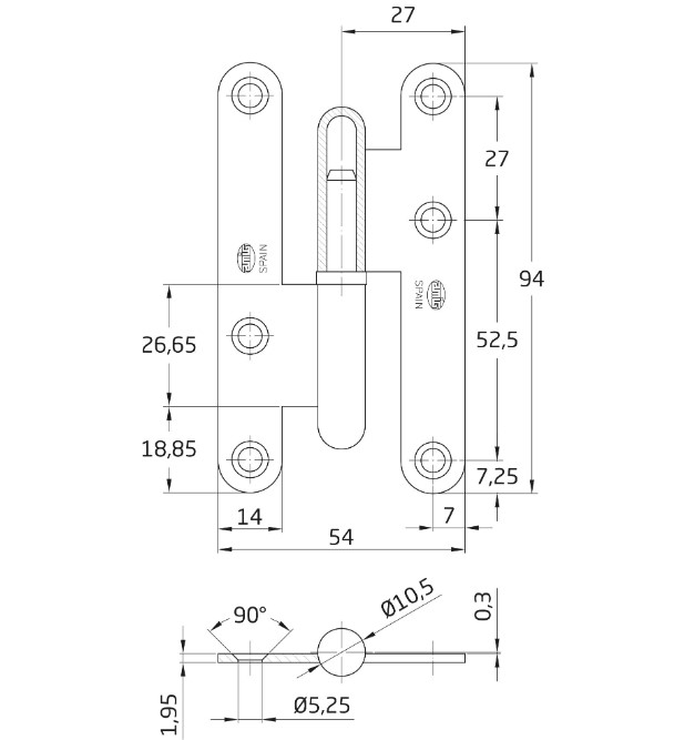 Paumellescharnier 95 x 52 mm rechts zwart