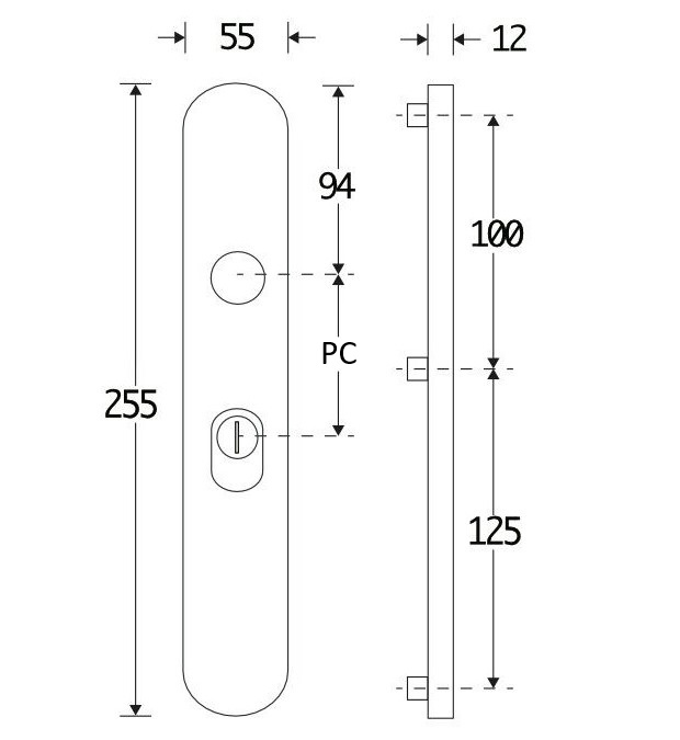 SKG3 ovaal schild PC55 buiten met kerntrekbeveiliging mat nikkel PVD