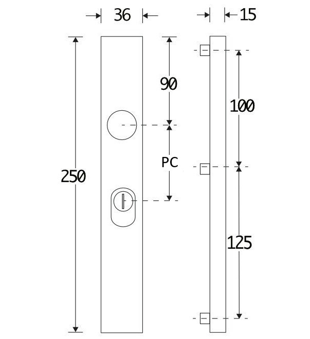 SKG3 rechthoekig smal schild PC55 buiten met kerntrekbeveiliging mat nikkel PVD