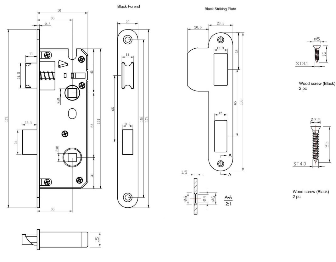 Deurkruk Rond op mini rozet met wc-sluiting en smaldeurslot wc63/8 met ronde voorplaat rvs zwart