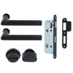 Deurkruk Rond op mini rozet met wc-sluiting en smaldeurslot wc63/8 met ronde voorplaat rvs zwart
