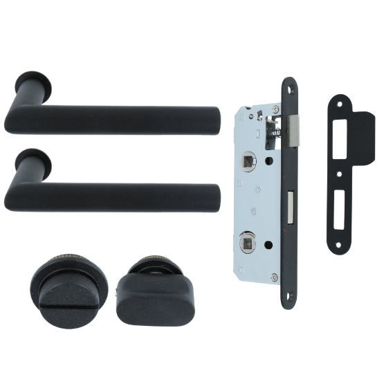 Deurkruk Rond op mini rozet met wc-sluiting en smaldeurslot wc63/8 met ronde voorplaat rvs zwart