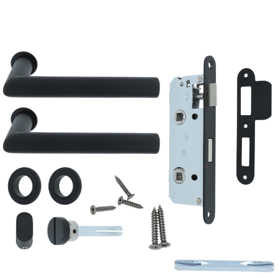 Deurkruk Rond op mini rozet met wc-sluiting en smaldeurslot wc63/8 met ronde voorplaat rvs zwart