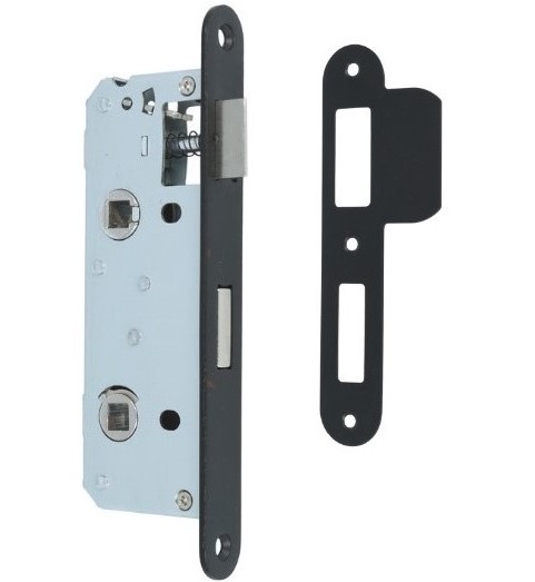 Deurkruk Rond op mini rozet met wc-sluiting en smaldeurslot wc63/8 met ronde voorplaat rvs zwart