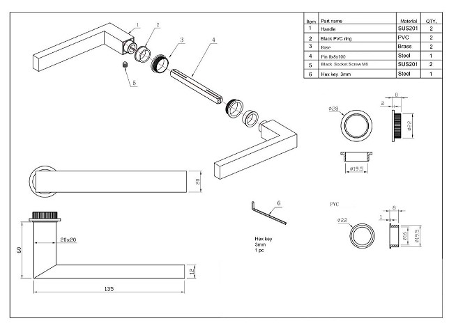 Deurkruk Vierkant op mini rozet met wc-sluiting en smaldeurslot wc63/8 met ronde voorplaat rvs zwart