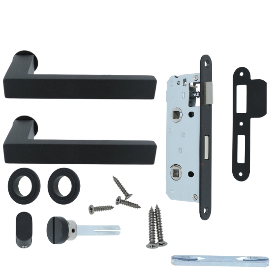 Deurkruk Vierkant op mini rozet met wc-sluiting en smaldeurslot wc63/8 met ronde voorplaat rvs zwart