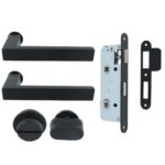 Deurkruk Vierkant op mini rozet met wc-sluiting en smaldeurslot wc63/8 met ronde voorplaat rvs zwart