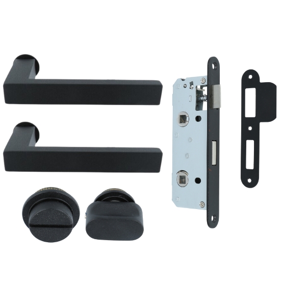 Deurkruk Vierkant op mini rozet met wc-sluiting en smaldeurslot wc63/8 met ronde voorplaat rvs zwart