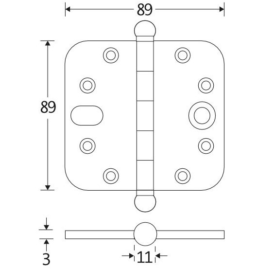 Kogellagerscharnier SKG3 89x89 ronde hoek bol messing antiek