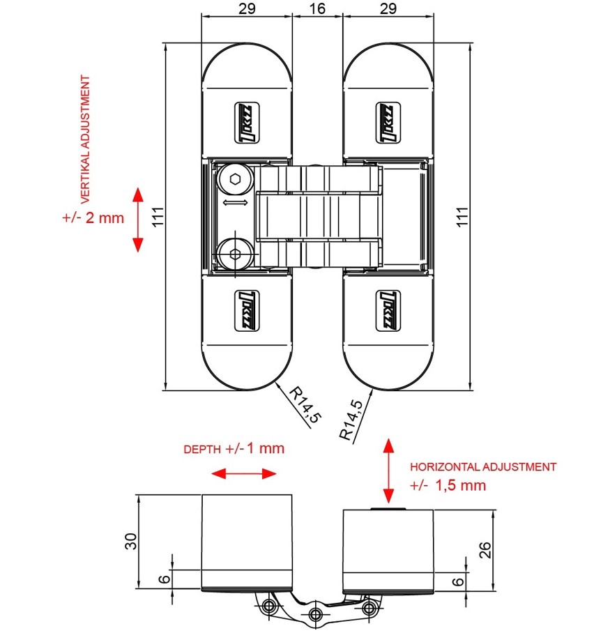 Onzichtbaar scharnier 3D verstelbaar 111x29mm zamac wit