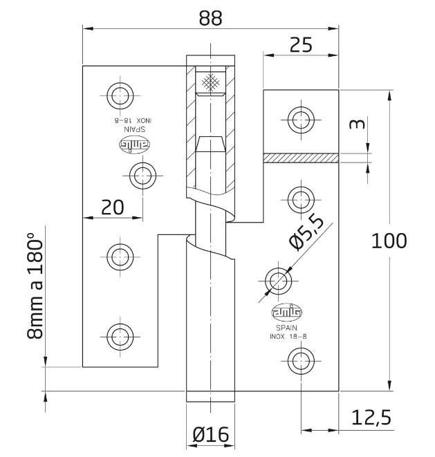 Oploopscharnier 100x88 mm links mat rvs