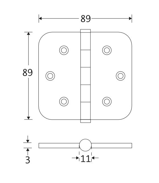 Set van 12 kogellagerscharnieren 89x89 ronde hoek vlak messing ongelakt