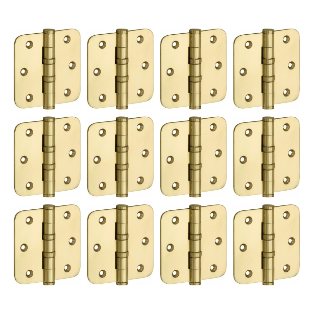 Set van 12 kogellagerscharnieren 89x89 ronde hoek vlak messing ongelakt