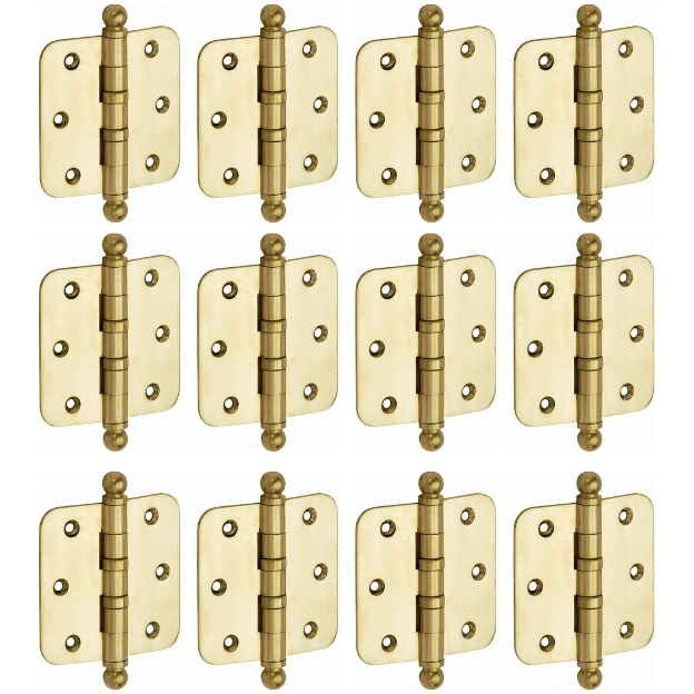 Set van 12 kogellagerscharnieren 89x89 ronde hoek bol messing ongelakt