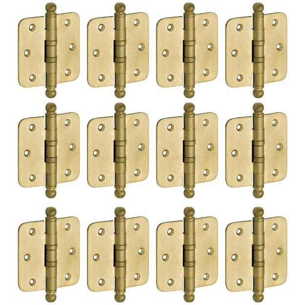 Set van 12 kogellagerscharnieren 89x89 ronde hoek bol messing antiek
