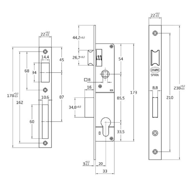 Smaldeurslot inclusief sluitplaat PC85 doornmaat 20 mm